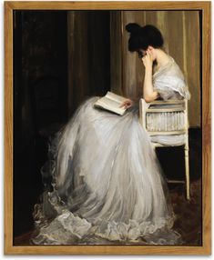 a painting of a woman sitting in a chair reading a book