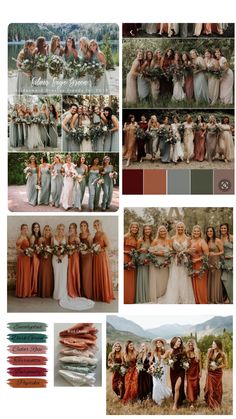 a collage of photos with different bridesmaid dresses and bouquets