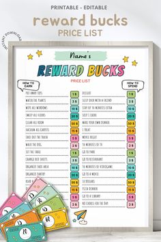 reward card for reward bucks with the reward list on it and two cards in front