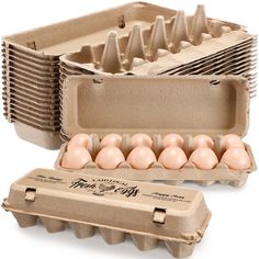 an egg carton with six eggs in it and two separate trays full of them