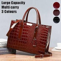 Category:Handbag,Shoulder Bag,Crossbody Bag; Embellishment:Zipper; Gender:Women's; Type:Boston Bag; Occasion:Holiday,Daily,Office; Material:PU Leather; Width:13; Height:24; Function:Waterproof,Large Capacity,Durable,Multi Carry; Pattern:Solid Color,Patchwork,Crocodile; Listing Date:10/31/2023; Production mode:External procurement; Length:34 Hand Bags For Women, Beg Tangan, Retro Mode, Handbag Patterns, Crocodile Pattern, Leather Bag Women, Bag Trends, Tote Bag Pattern, Casual Tote