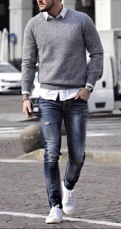 Men White Shoes Outfits Casual, Grey Sweatshirt Outfit Men, Avatar Poses, Masculine Contemporary, Gray Sweatshirt Outfit, Dark Blue Jeans Outfit, Attractive Outfits, Sweatshirt Outfit Men, Blue Jeans Outfit Men