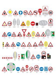 various traffic signs are arranged in rows on a white background, each with different colors and sizes