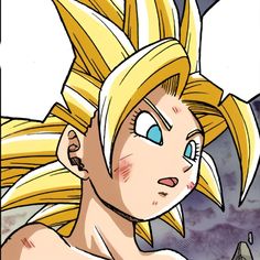 a close up of a cartoon character with blue eyes and blonde hair, looking to the side