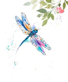 a watercolor painting of a dragonfly sitting on top of a branch with flowers