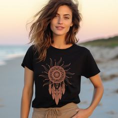 Boho Shirt, Bohemian Tee, Mystical Apparel, Artistic Sun and Mandala Design, Perfect for Yoga, Meditation, Everyday Wear,Dream catcher shirt Dream Catcher Boho, Bohemian Fashion, Mandala Design, Everyday Wardrobe, Yoga Meditation