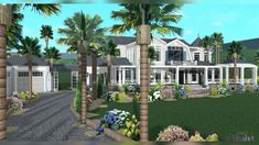 this is an artist's rendering of a house with palm trees in the front yard