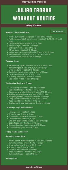 a green poster with the words julia taraka workout routine and day workout on it