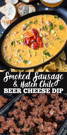 smoked sausage and maten chile beer cheese dip is an easy appetizer to serve on the grill