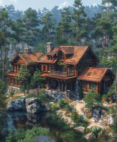 this is an artist's rendering of a log cabin in the woods with trees and rocks