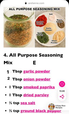 four different seasoning mixes on a white plate with pink and green text overlay