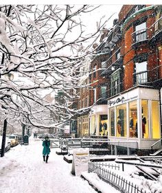 a person walking down a snow covered street in front of buildings and shops on a snowy day