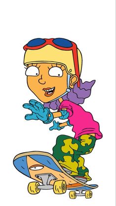 the cartoon girl is riding her skateboard