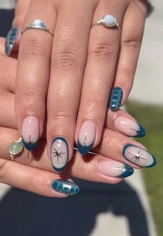 Navy Blooming Gel Nails, Nail Inspo Medium Almond, Nail Art Different On Each Nail, Nails For Ireland Trip, Teal Hoco Nails, Holiday Nail Art Designs, Abstract Winter Nails, Funky Nails Coffin, Fun Nail Inspo 2024