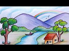 a drawing of a house by the water with a rainbow in the background