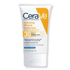 Hydrating Mineral Sunscreen Face Lotion with Sheer Tint SPF 30 - SHEER TINT HYDR SUNSCREEN SPF 30 1.7FLOZBenefitsOil-free face lotion with 100% mineral sunscreen filters that form a protective barrier on the skin to help reflect UVA and UVB raysProvides broad-spectrum SPF 30 protection with zinc oxide and titanium dioxideTinted sunscreen formula features a universal tint that blends seamlessly with all skin tonesSheer, natural finish leaves skin with a healthy glow and no white castCan be used o Sunscreen Face, Physical Sunscreen, Tinted Spf, Best Sunscreens, Skin Therapy, Sunscreen Lotion, Zinc Oxide, Face Lotion, Moisturizer With Spf