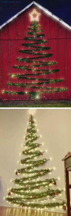 a christmas tree made out of lights in the shape of a barn and an image of a red barn