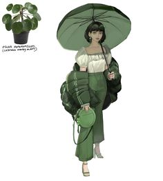 a woman with an umbrella is holding a green purse and a potted plant in the background