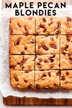 maple pecan blondies cut into squares on a cutting board with text overlay