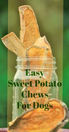 a jar filled with sweet potato chews on top of a table