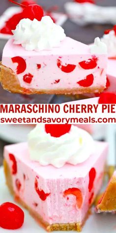 strawberry cheesecake pie with whipped cream and cherries on top is shown in three different views