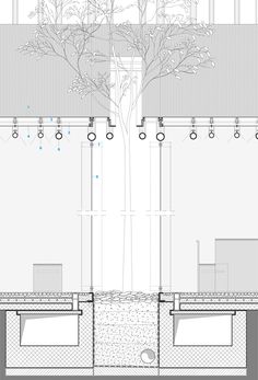 an architectural drawing of a building with trees in the middle and two benches on each side