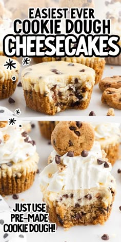 two pictures of cookies and cream cheesecakes with text overlay that reads easyest ever cookie dough cheesecakes just use pre - made cookie dough