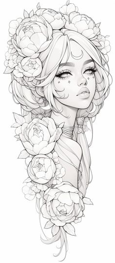 a drawing of a girl with flowers on her head and shoulders, in black and white