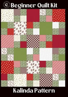 the beginner quilt kit includes red, green and white squares