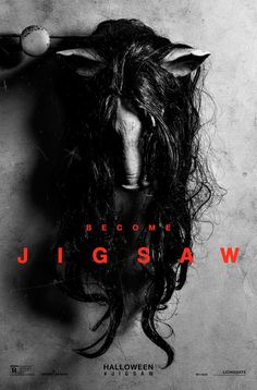 a poster for the upcoming movie jigsaw with long hair and horns on it's head