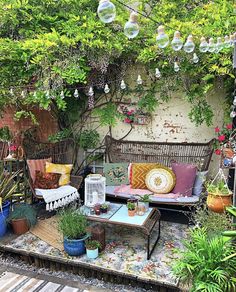 an outdoor seating area with lots of plants and potted plants on the side wall