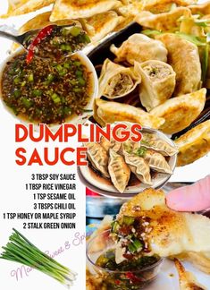 an advertisement for dumplings sauce with different types of food