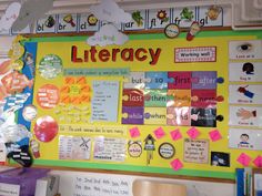 a bulletin board with words and pictures attached to the wall in front of it that says, library