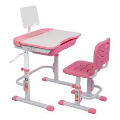 a pink and white desk with a laptop computer on it's top, sitting next to a chair