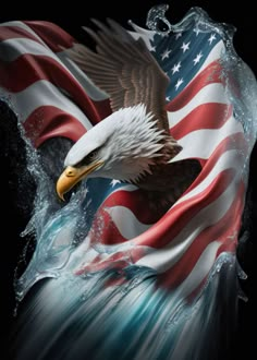 an eagle with the american flag on it's back flying in the air over water