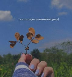 a person's hand holding a small plant with the words learn to enjoy your own company