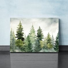 a painting on the wall with trees painted in watercolor