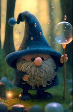 an image of a gnome with bubbles in the air and soap bubbles coming out of his mouth