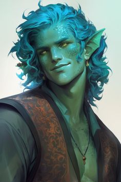 a man with blue hair and green eyes