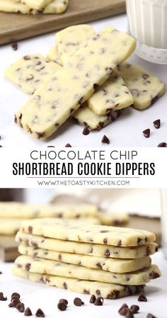 chocolate chip shortbread cookie dippers on a cutting board with milk in the background