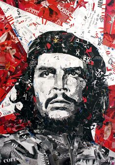 a painting of a man's face surrounded by newspaper clippings