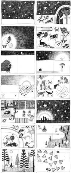 several different scenes in black and white with stars on the bottom, one is an image of