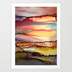 an abstract painting with different colors and shapes on it's surface, including the sky