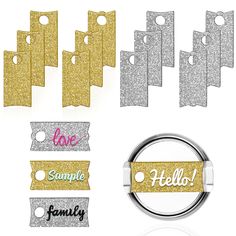 glitter name tags are shown in different colors and sizes, with the word love on them