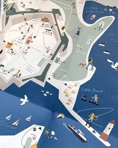 an open book with illustrations of people on the water and boats in the ocean around it