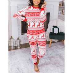 Red Snow Reindeer Christmas Mom Loungewear Cozy Crew Neck Winter Sleepwear, Cozy Winter Crew Neck Sleepwear, Cozy Red Winter Sleepwear, Casual Winter Sleepwear For Holidays, Casual Winter Holiday Sleepwear, Cozy Red Christmas Sleepwear, Red Holiday Sleepwear For Winter, Red Festive Winter Sleepwear, Round Neck Top