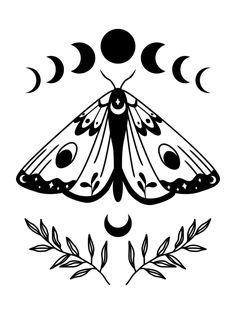 a black and white drawing of a moth with phases in the sky above its wings