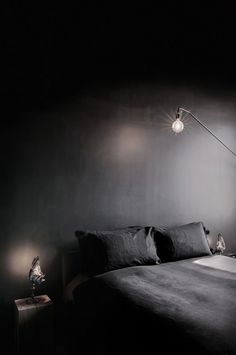 a black and white photo of a bed in a dark room with two lamps on either side