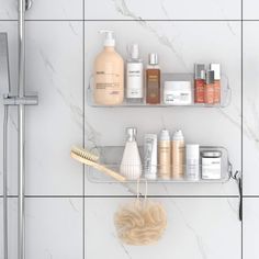 two shelves holding various beauty products in a bathroom with marble tiles on the wall behind them