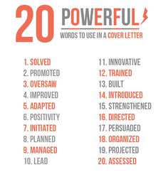 an orange and white poster with the words 20 powerful words to use in a cover letter